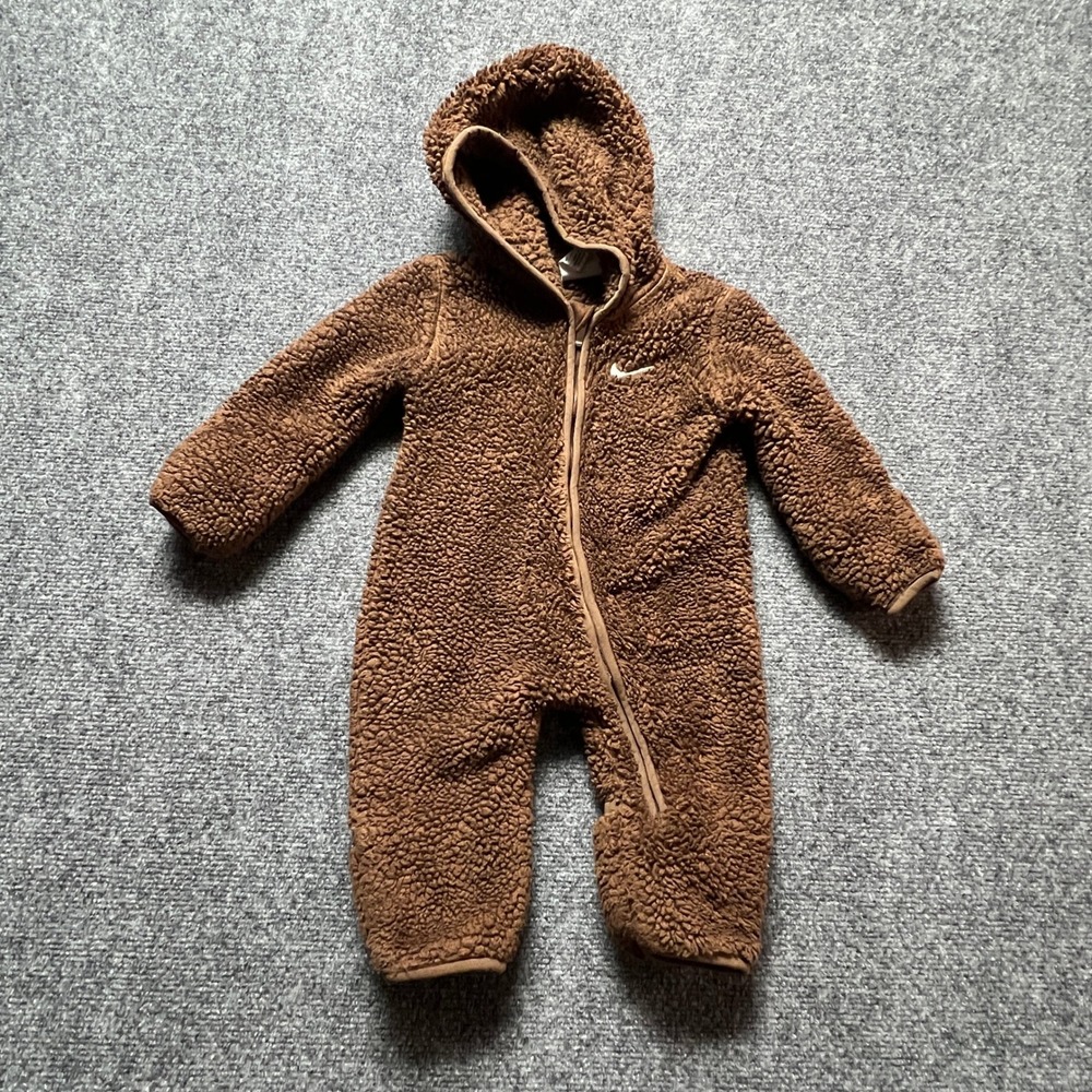 Nike Baby Sherpa Fleece Hooded Romper Brown 6M One Piece Bunting Zip Up